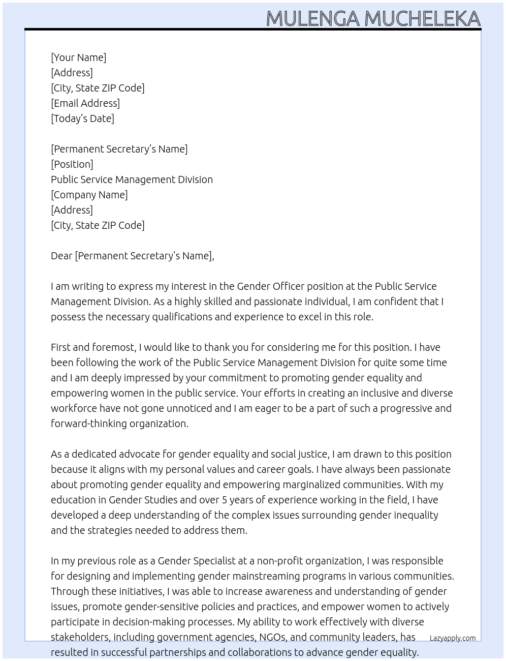 gender officer At Public service management division Cover Letter