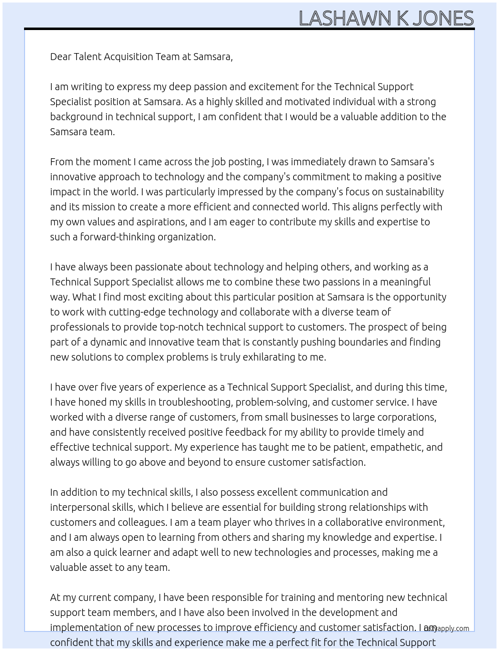 Technical Support Specialist At Samsara Cover Letter