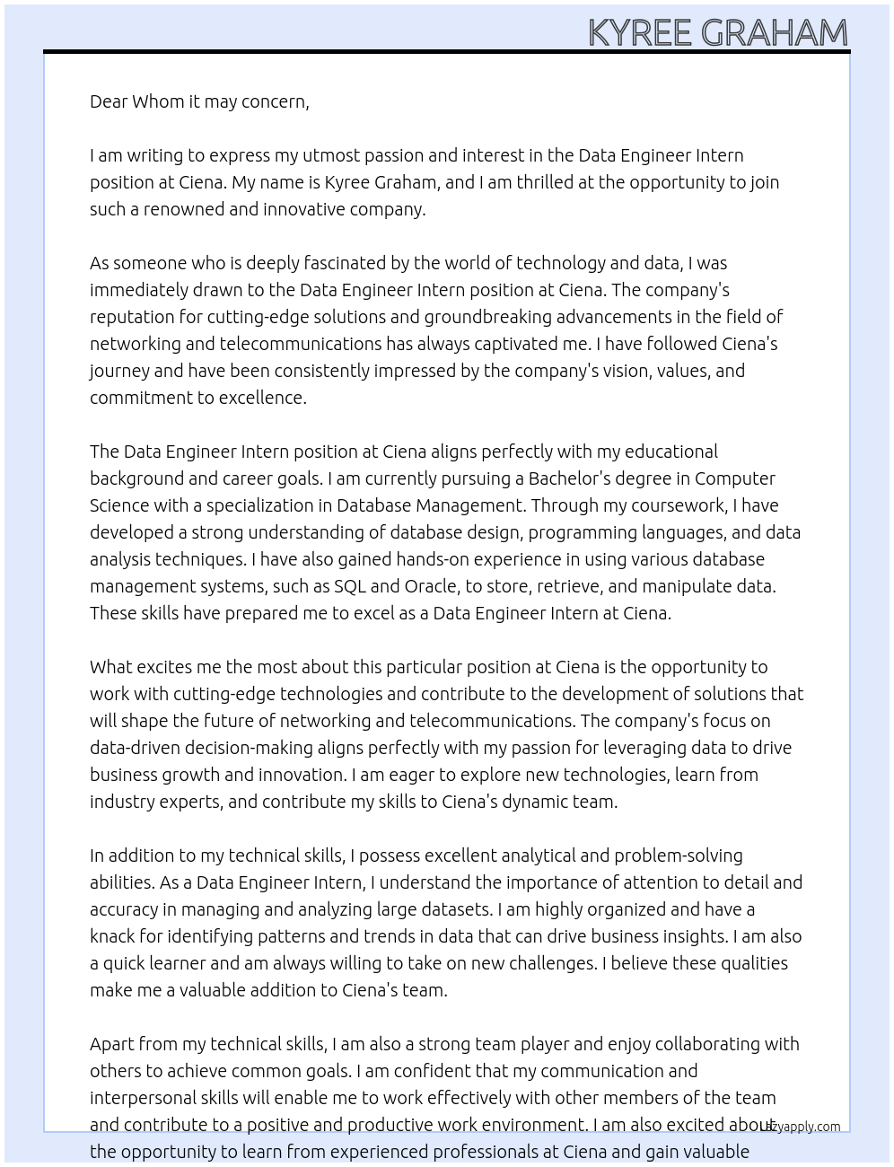 Cover letter for data engineer intern - LazyApply