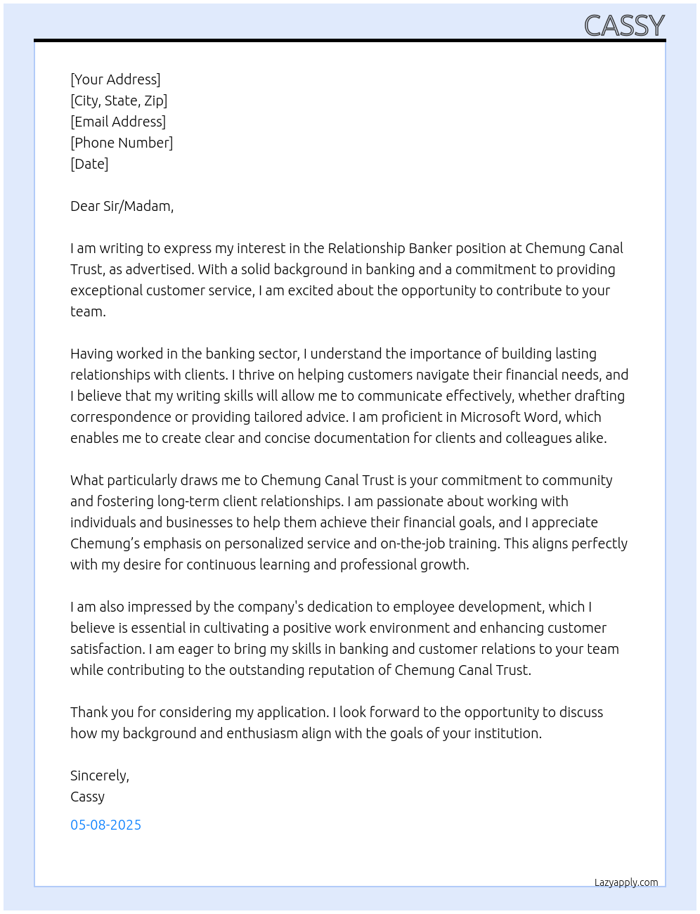 Relationship Banker At Chemung Canal Trust Cover Letter