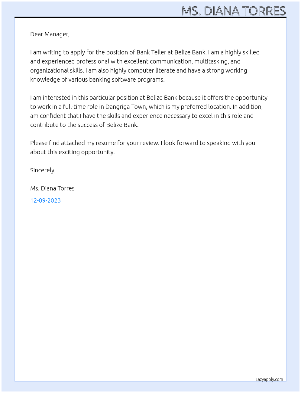 Bank Teller At Belize Bank Cover Letter