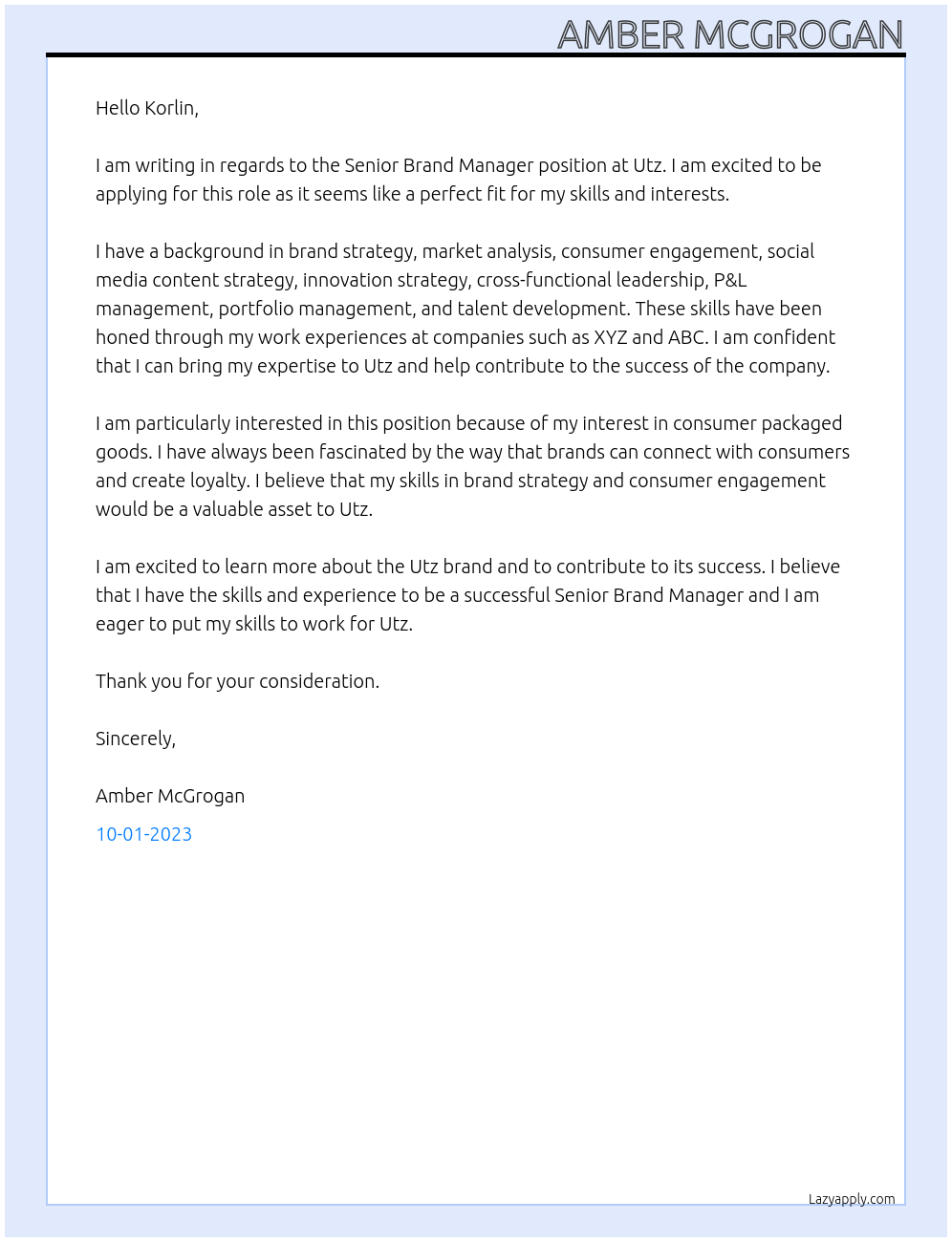 Senior Brand Manager At Utz Cover Letter