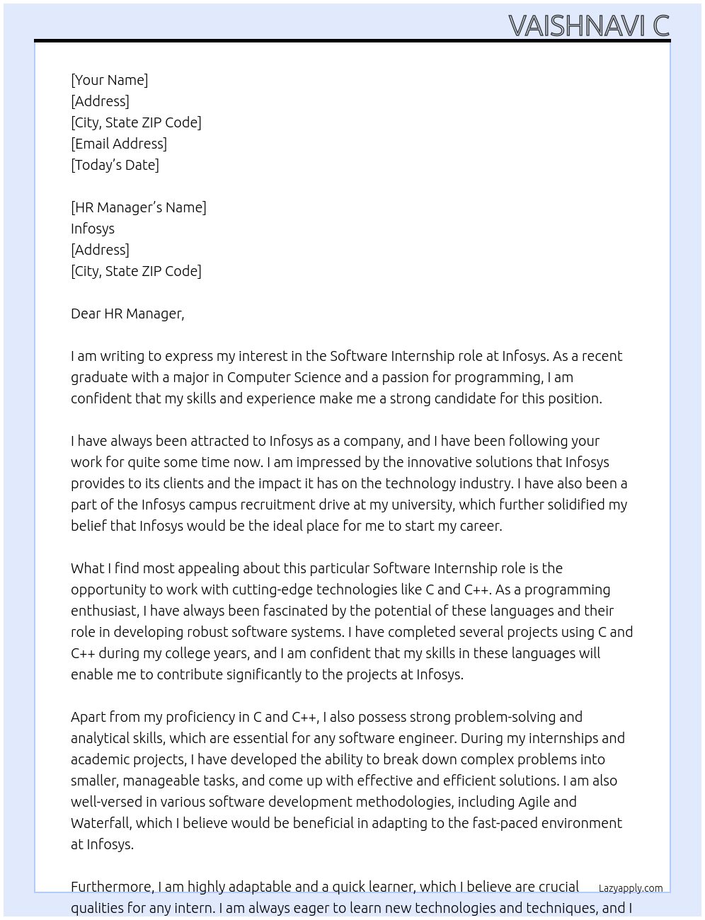 Software At infosys Cover Letter