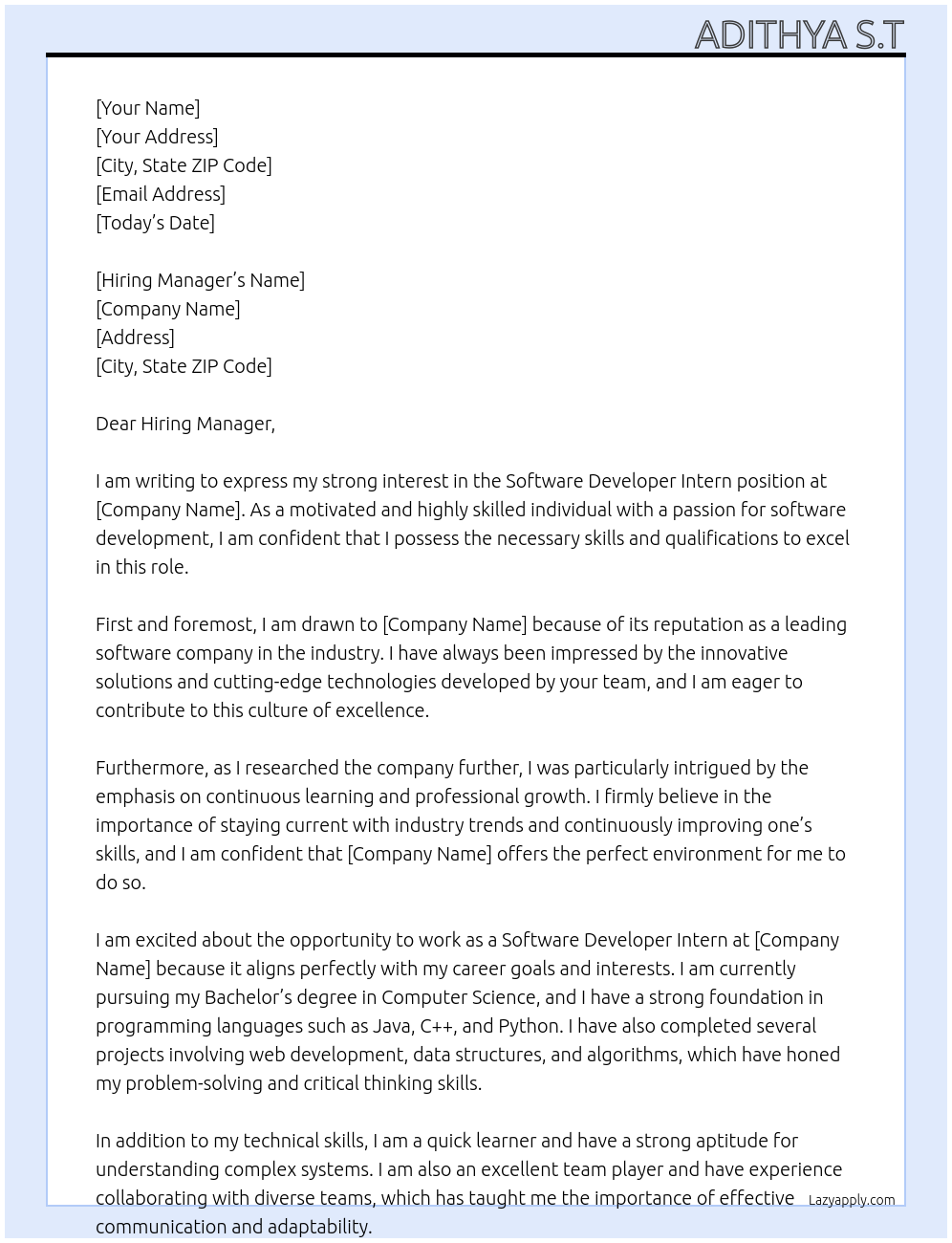 Software Developer Intern At Software Engineer Intern Cover Letter