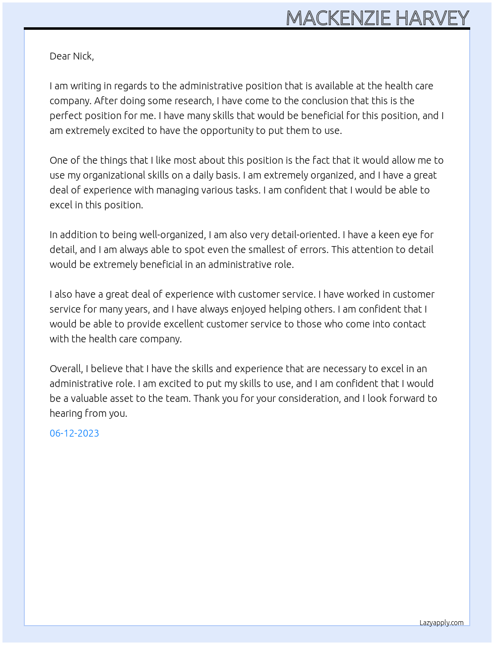 administrative  At health care Cover Letter