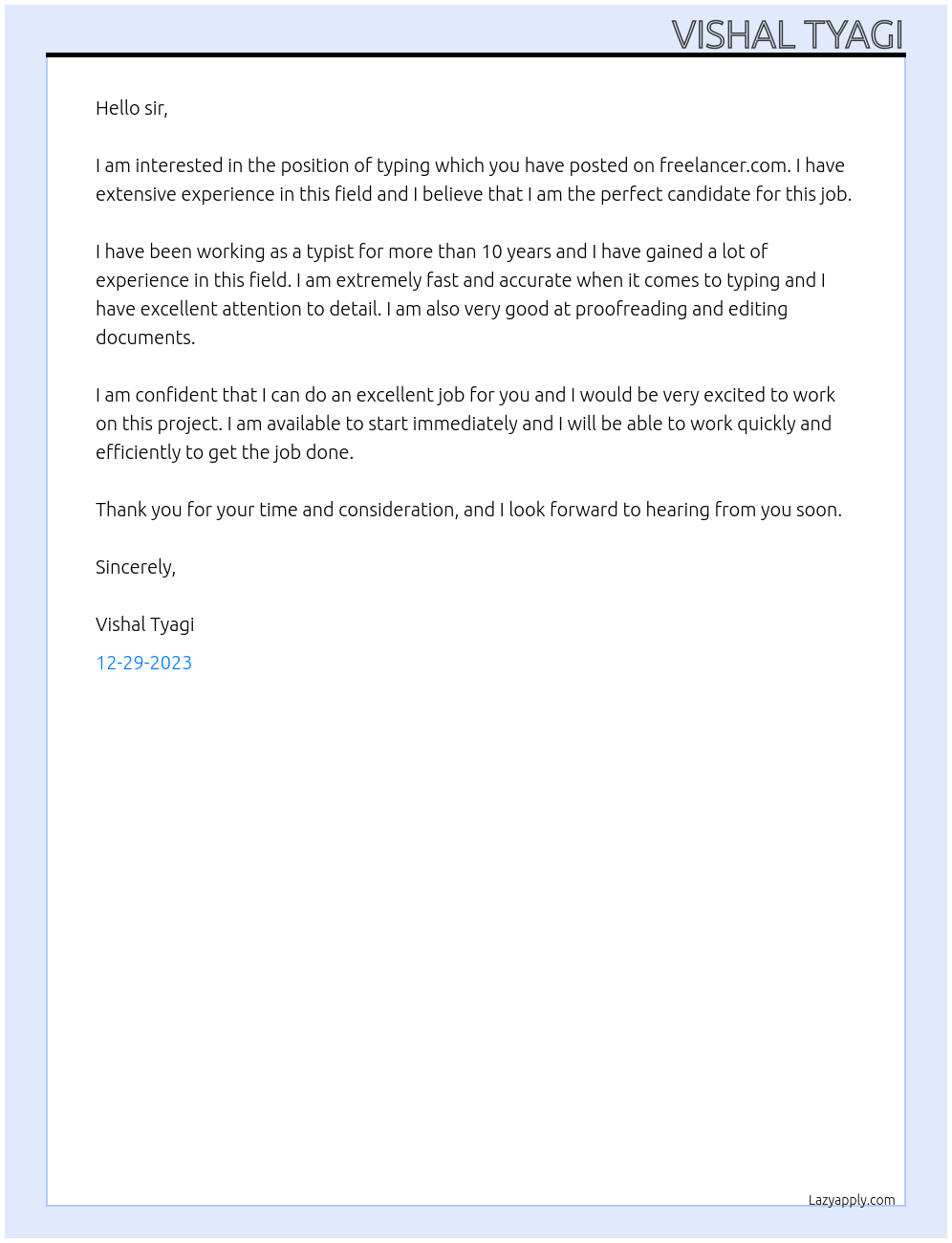 typing At freelanser Cover Letter
