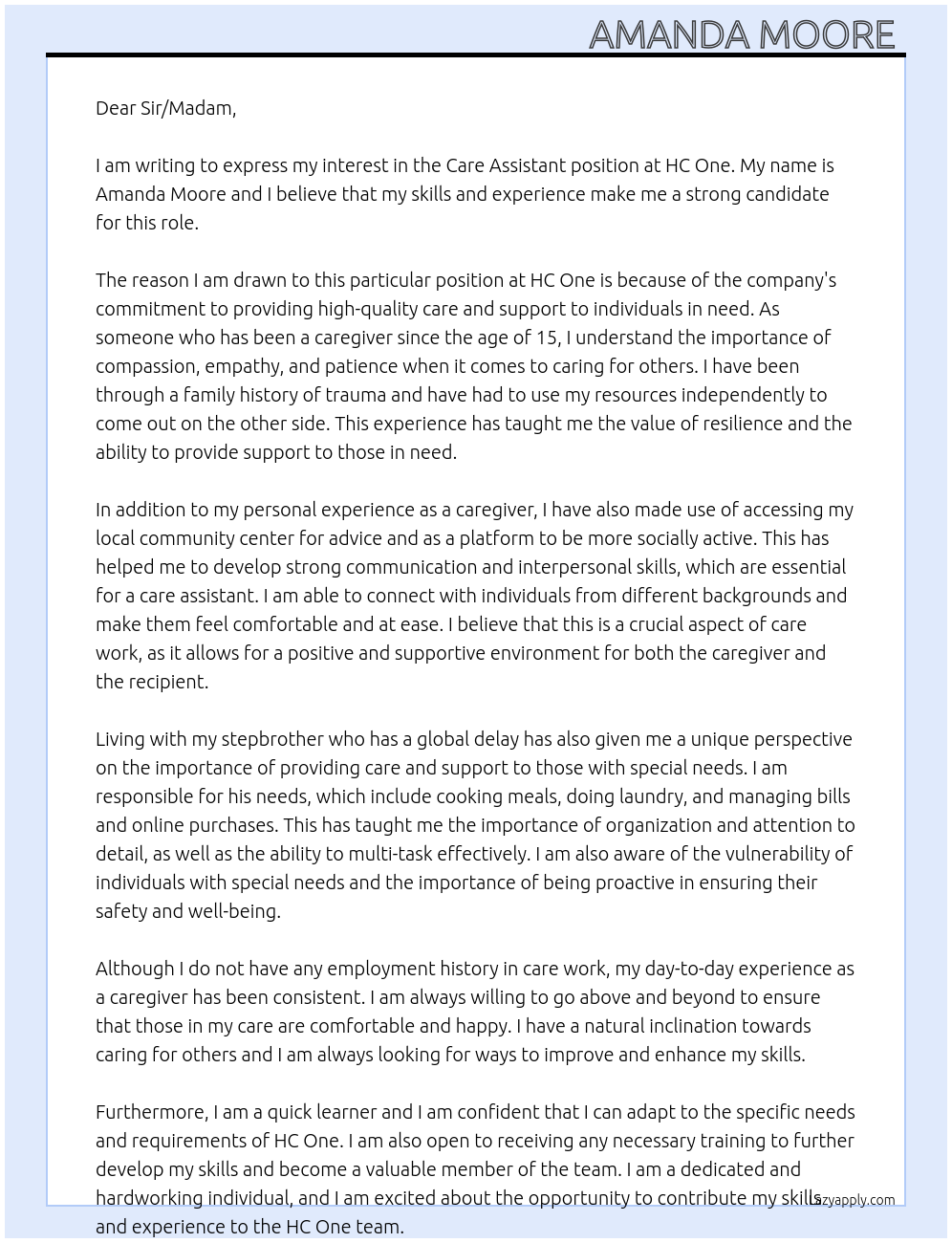 Care assistant  At HC One  Cover Letter