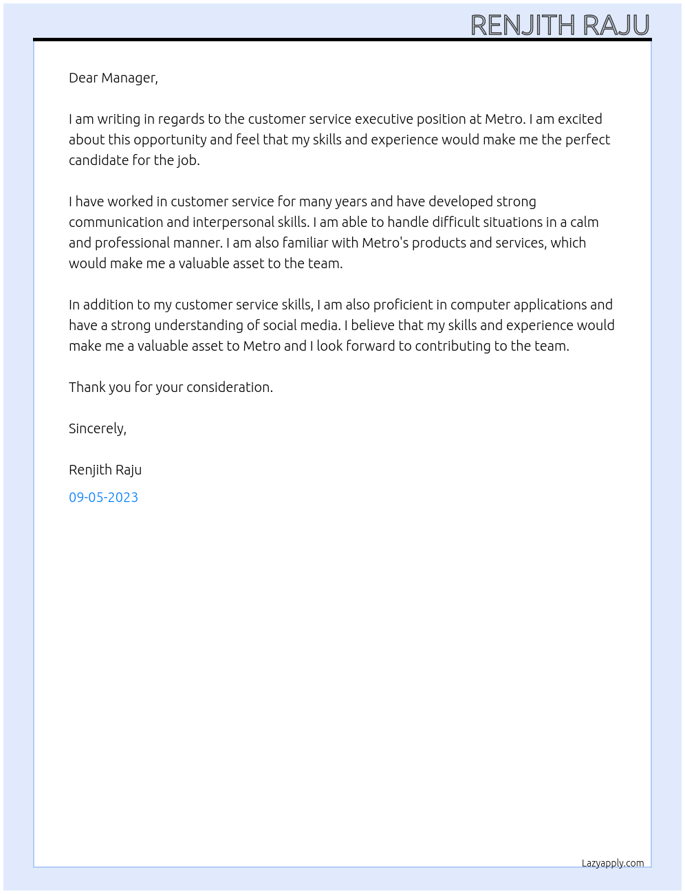 Customer service executive At Metro Cover Letter