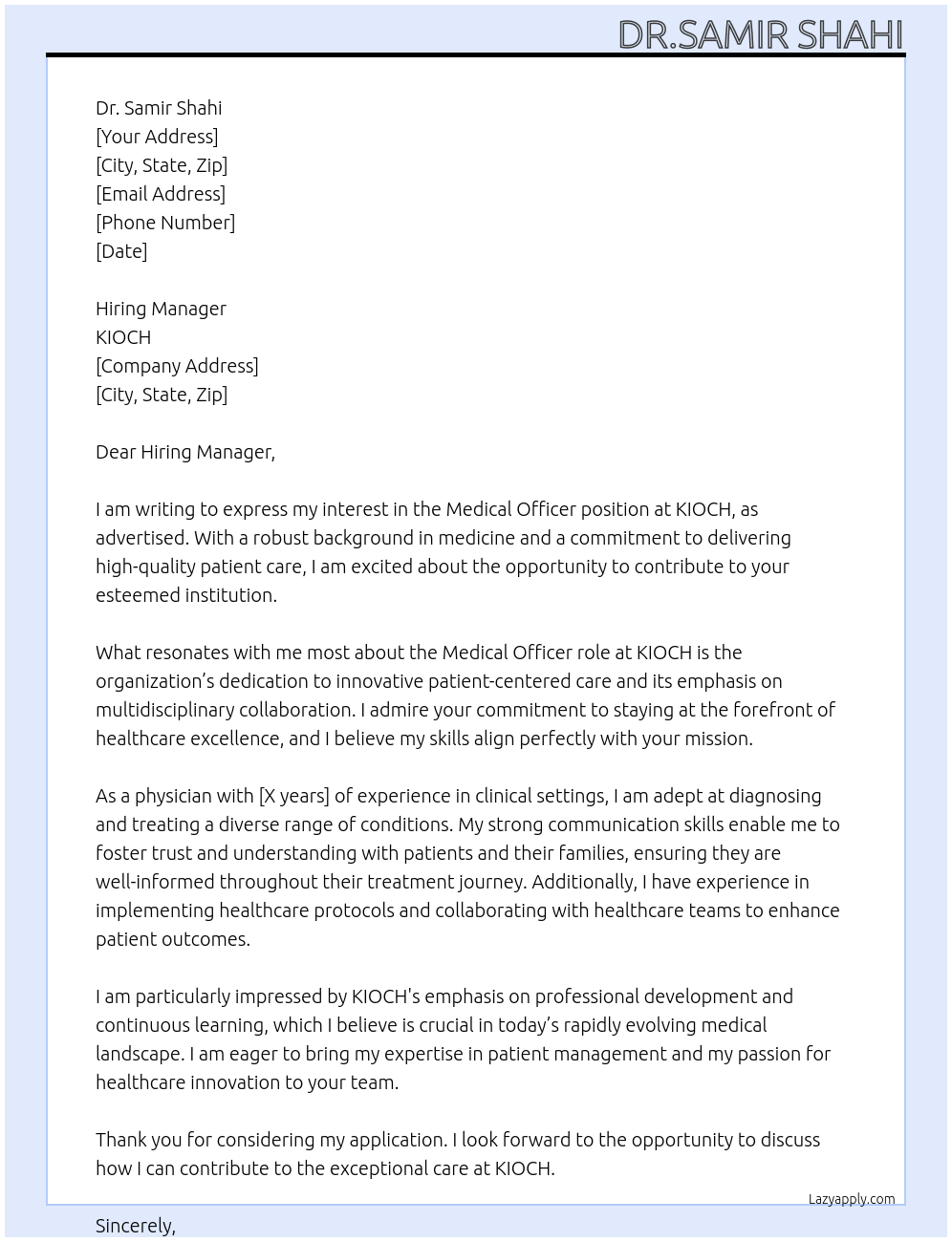 Medical officer  At KIOCH Cover Letter