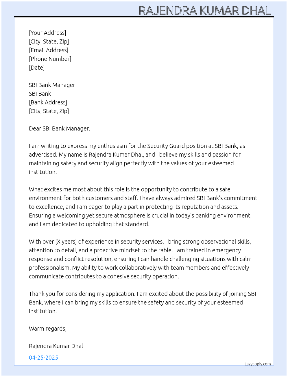 Security guard At SBI Bank Cover Letter