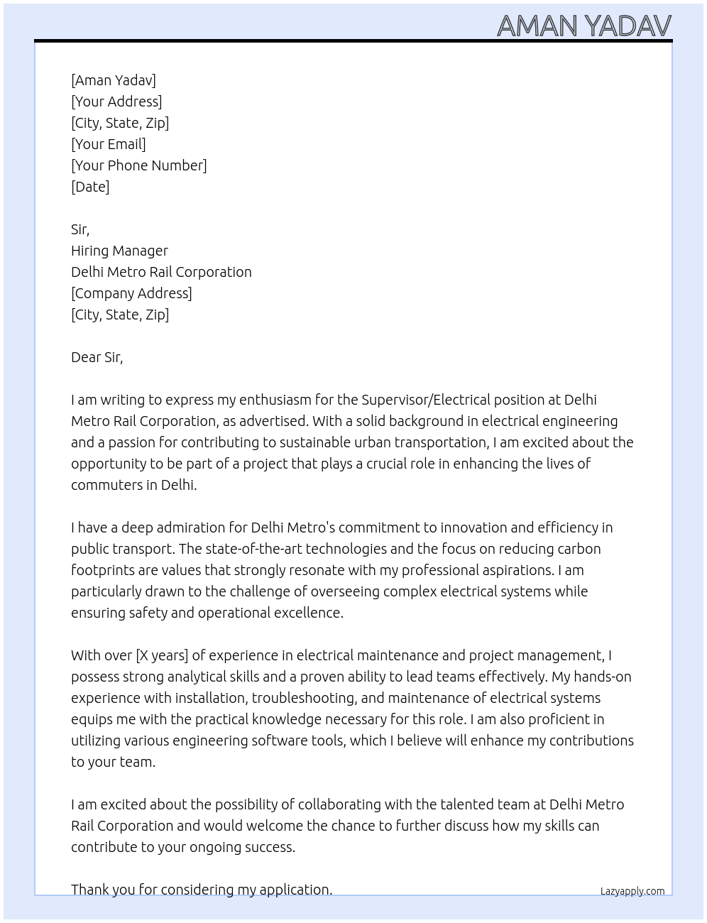 Cover letter for super wiser/ electrical - LazyApply