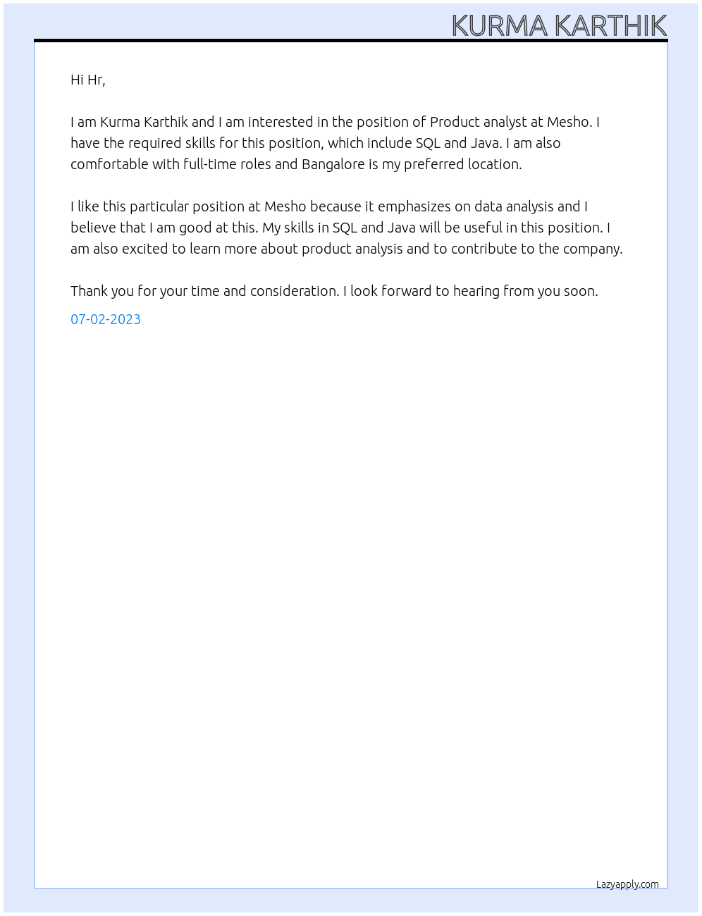 Product analyst At Mesho Cover Letter