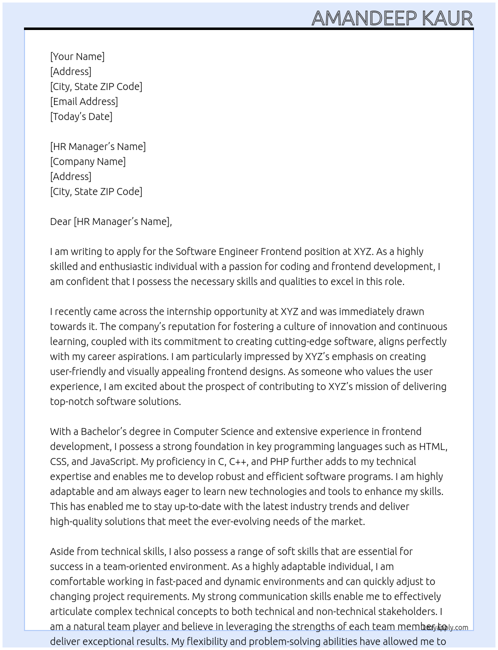 Software engineer frontend At Xyz Cover Letter