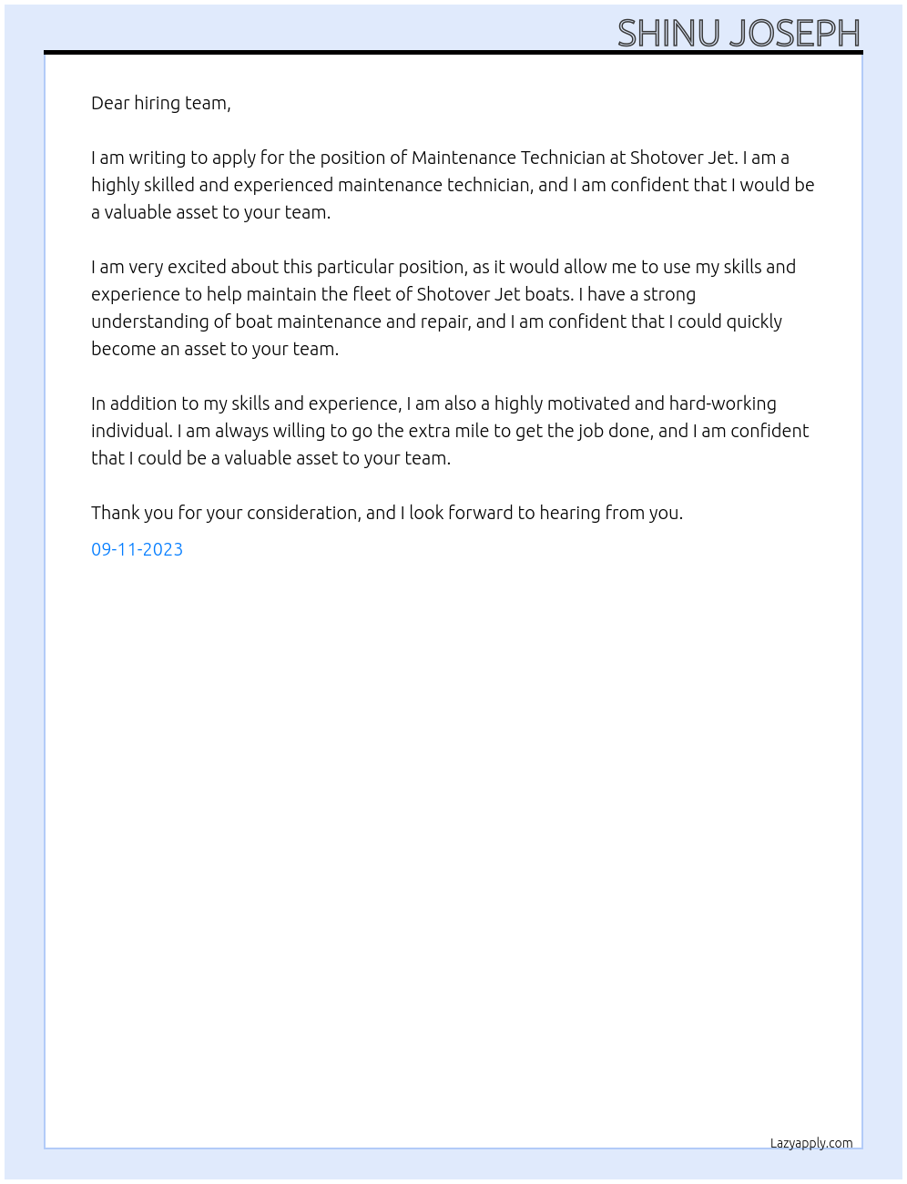 Maintenance Technician At Shotover Jet Cover Letter
