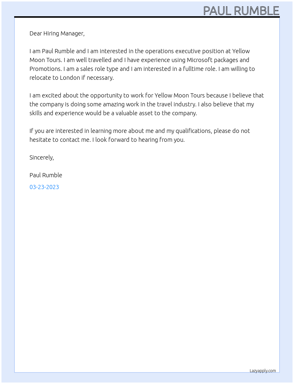 operations executive At Yellow Moon Tours Cover Letter