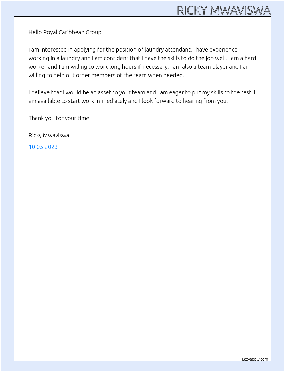 laundry attendant At Cruiseship Cover Letter