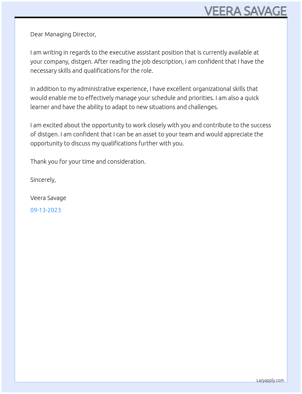 Executive assistant to Managing Director At distgen Cover Letter