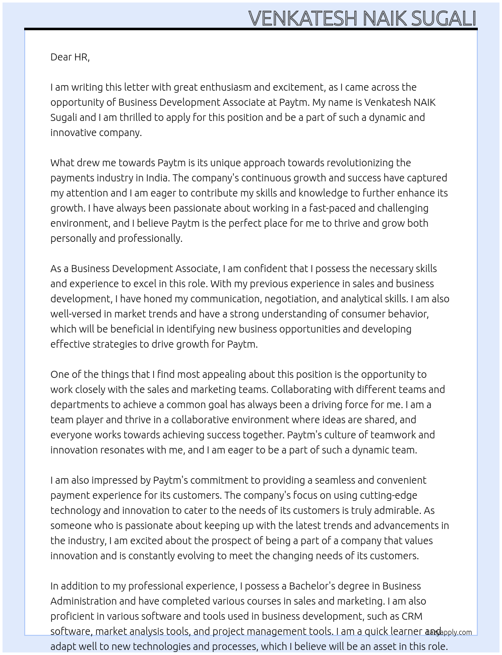 Business development associate At Paytm Cover Letter