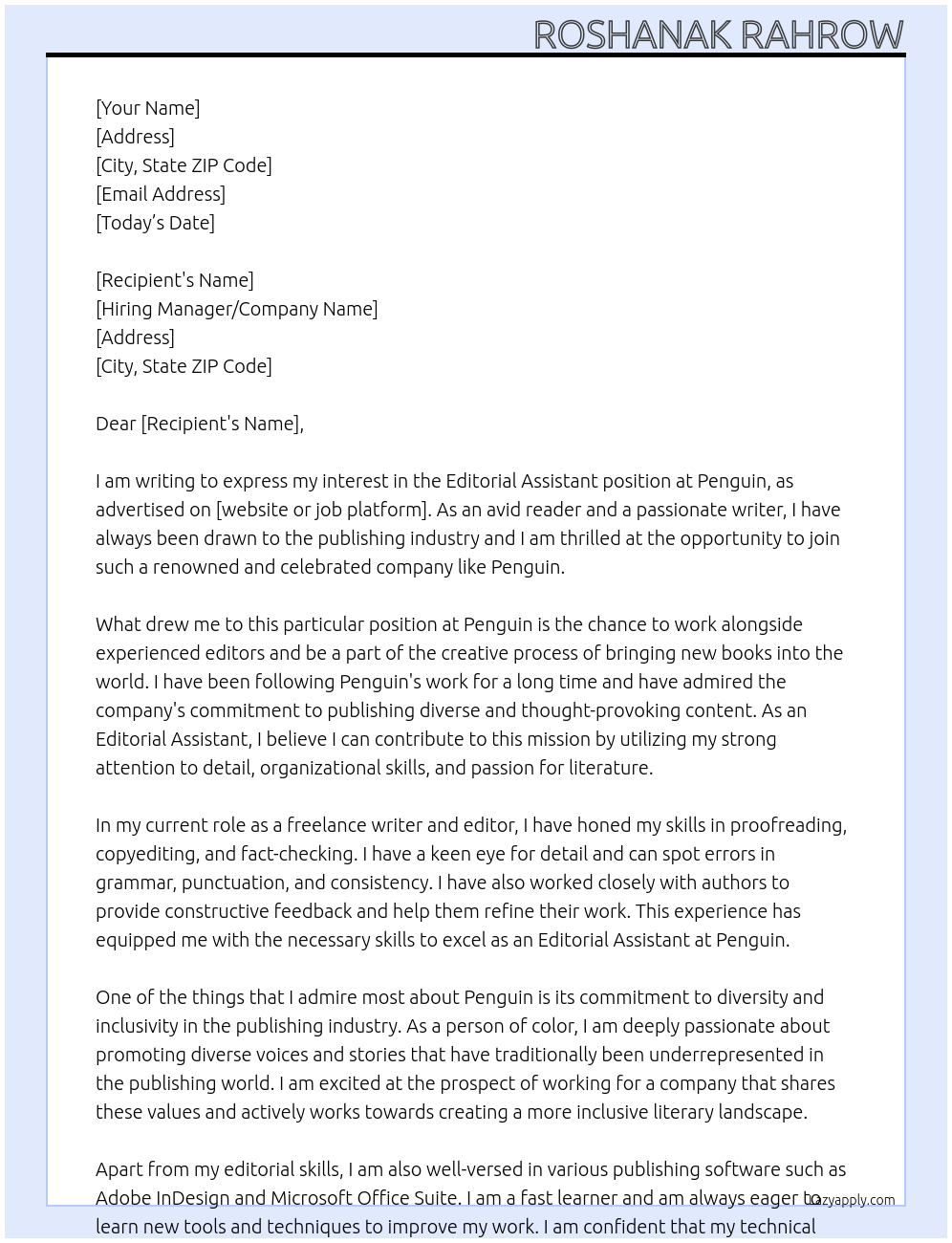 Editorial Assistant At Penguin Cover Letter