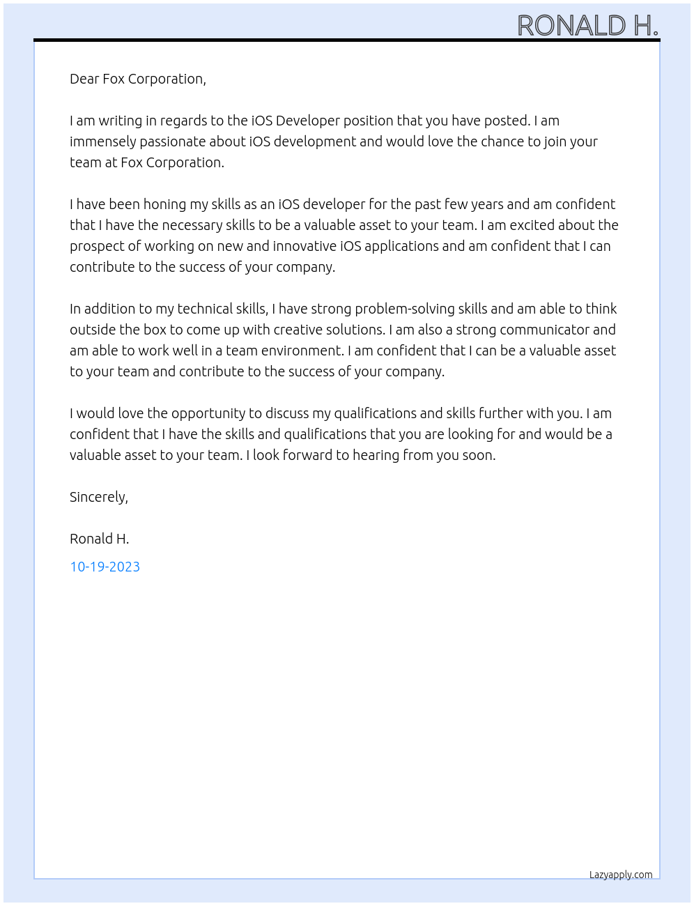 iOS Developer At Fox Corporation Cover Letter