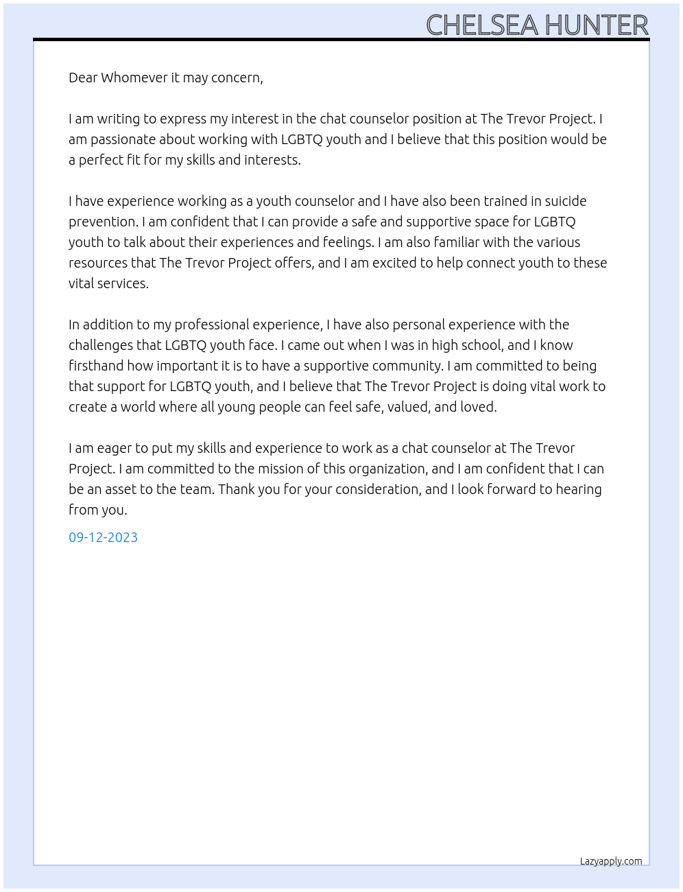 Chat counselor At The Trevor Project Cover Letter
