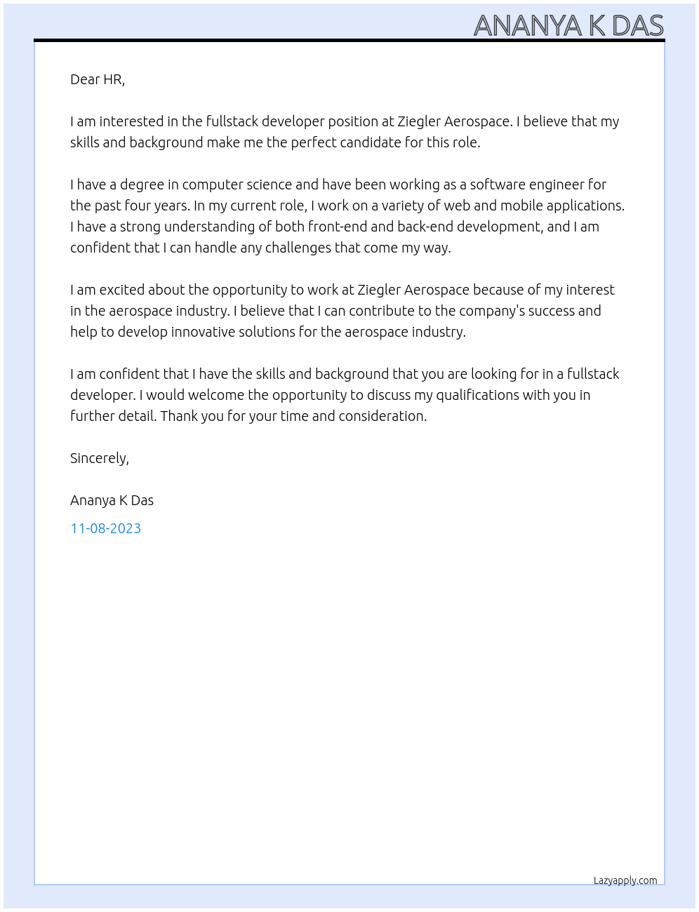 fullstack developer At Ziegler Aerospace Cover Letter