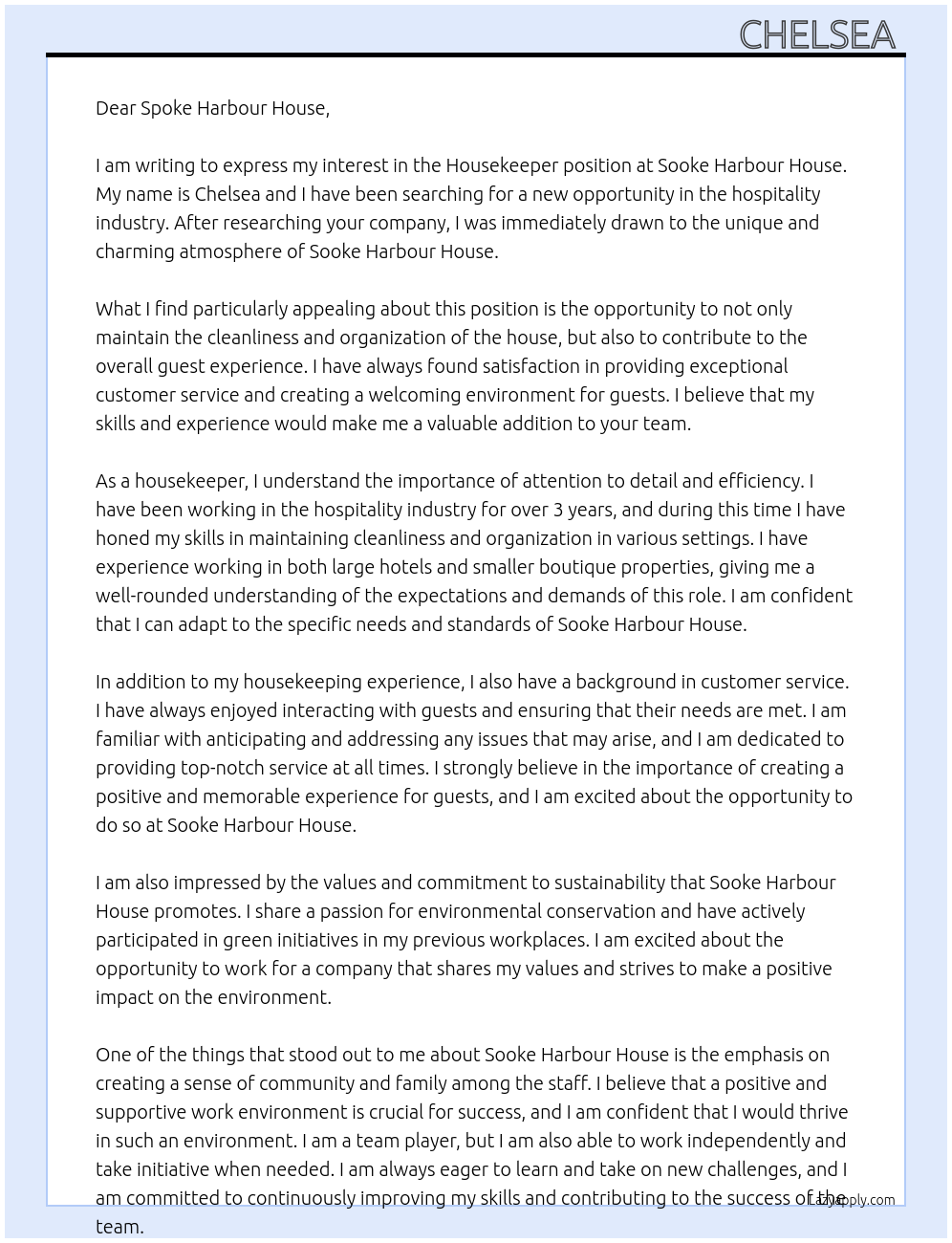 Housekeeper At Sooke harbour house Cover Letter