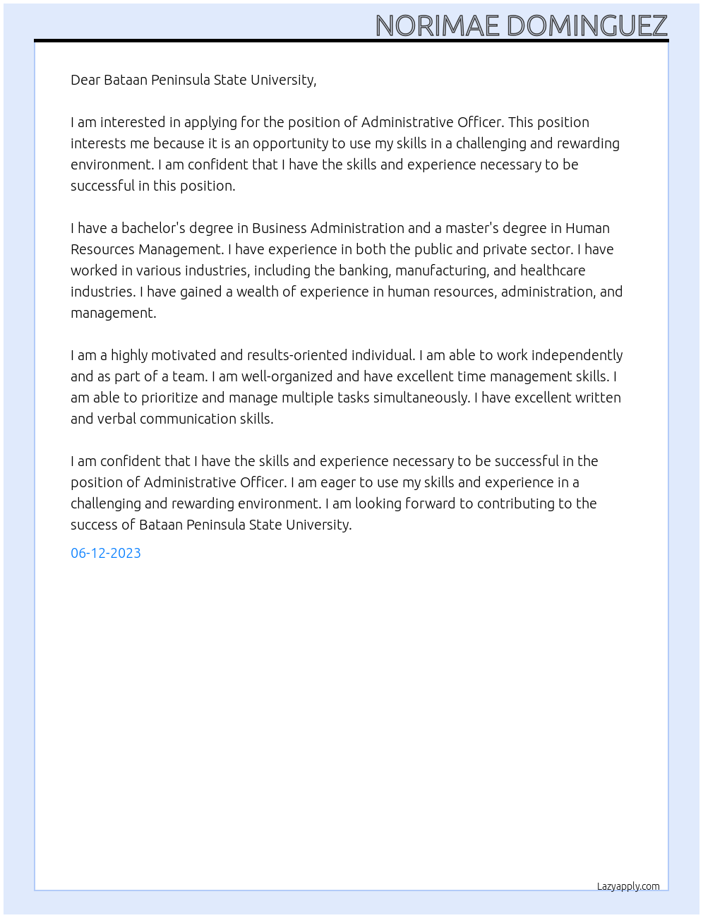Administrative Officer At Bataan Peninsula State University Cover Letter