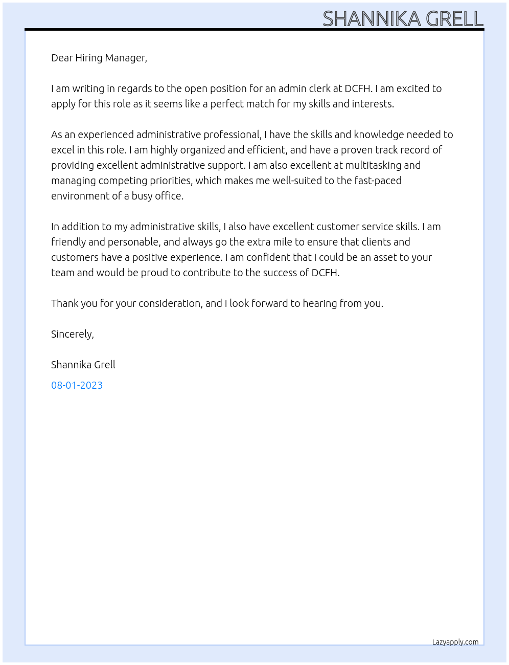 Admin clerk At DCFH Cover Letter