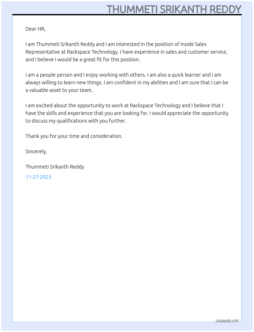 Inside Sales Representative At Rackspace Technology  Cover Letter