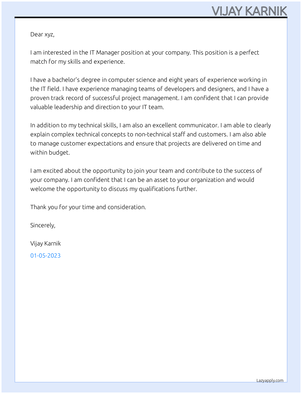 IT Manager At xyz Cover Letter