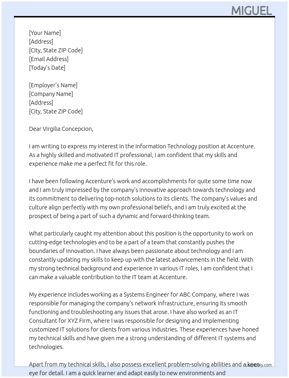 Information technology At Accenture Cover Letter