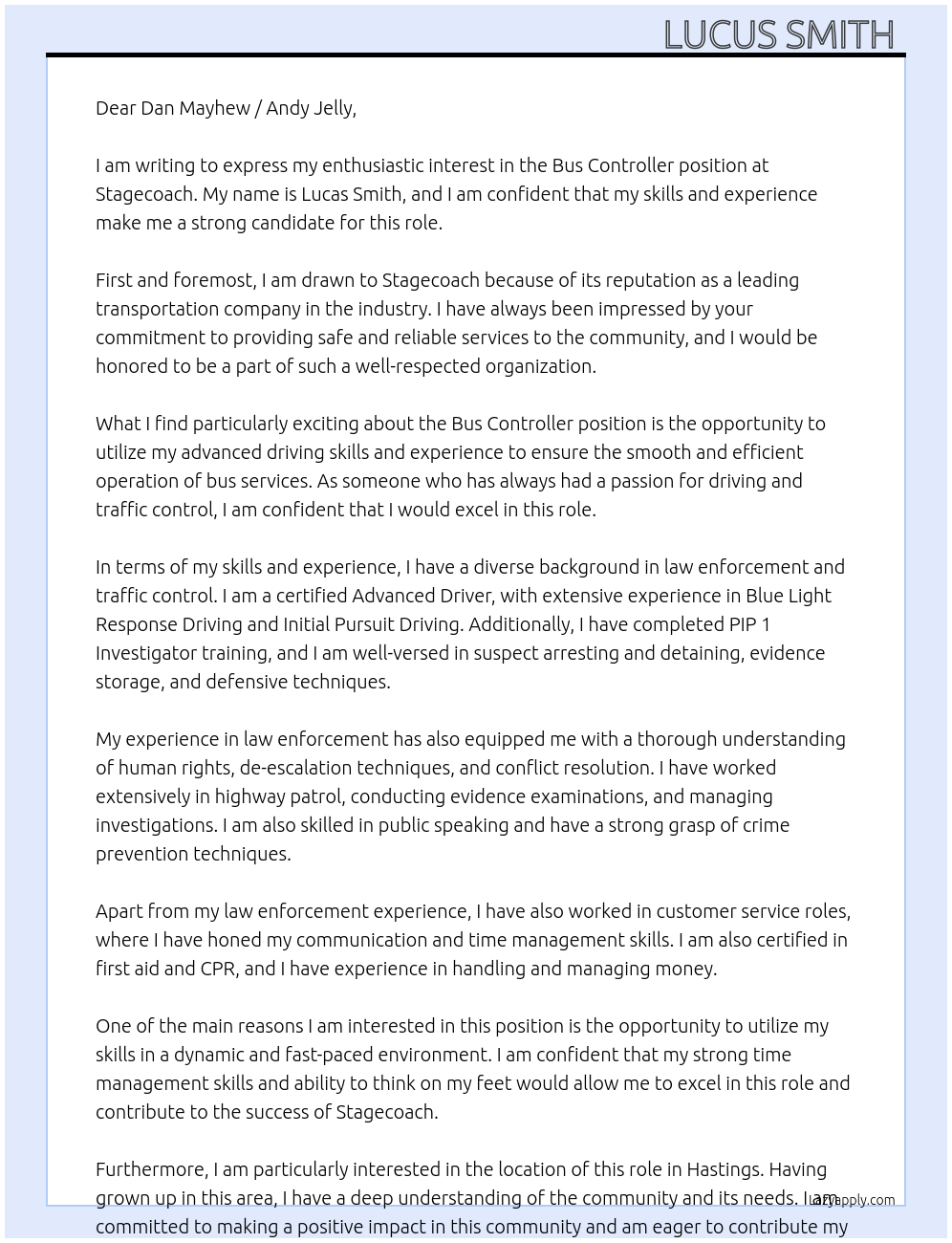 Bus Controller At Stagecoach Cover Letter