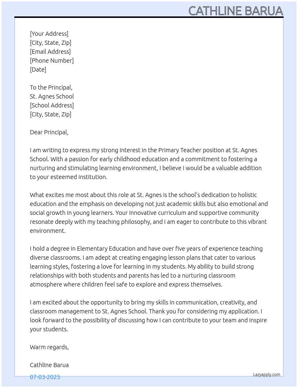 Primary teacher At St. Agnes school Cover Letter