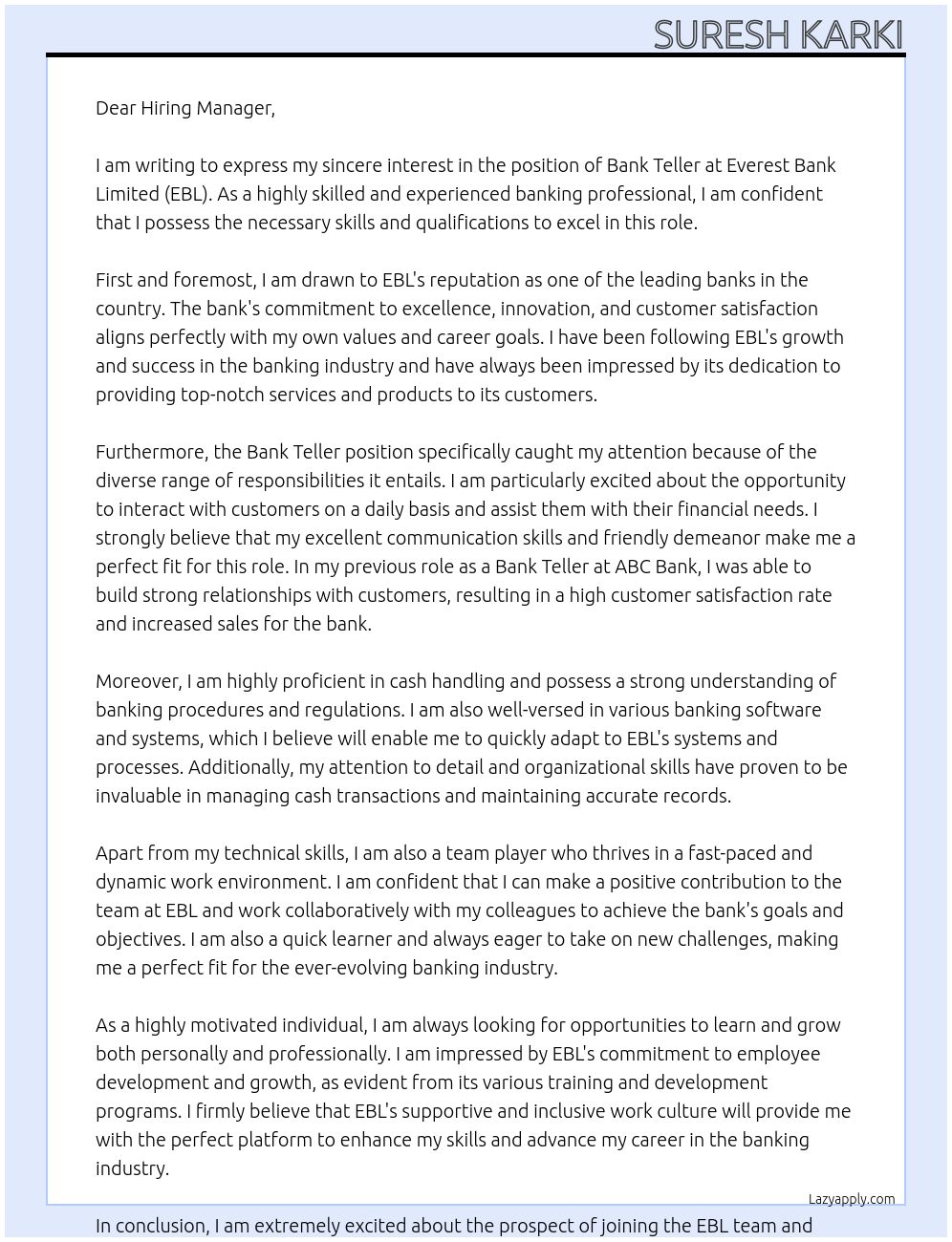 Bank Teller At Everest Bank Limited (EBL) Cover Letter