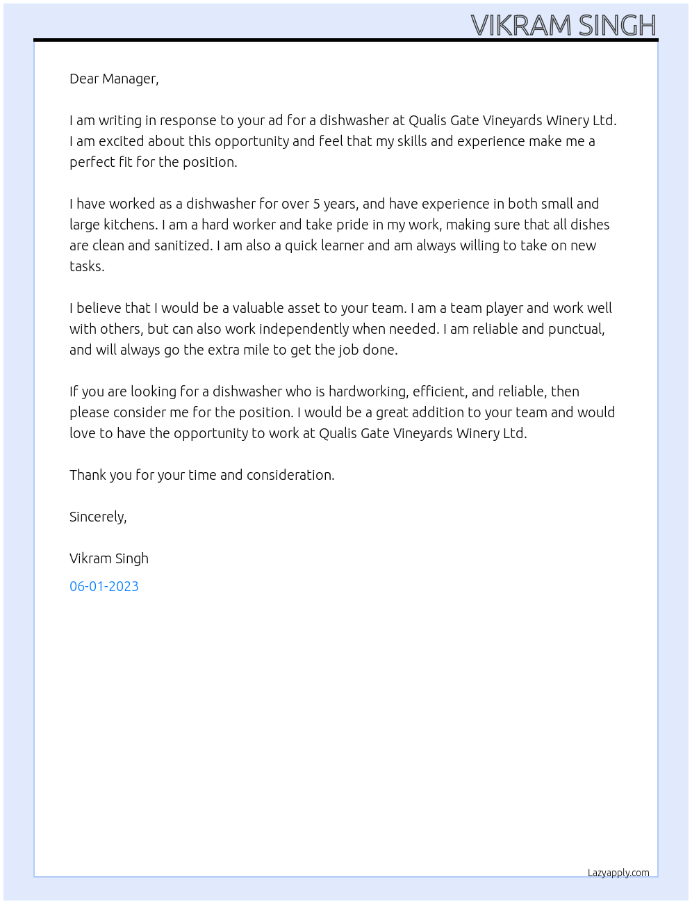 DISHWASHER At QUALIS GATE VINEYARDS WINERY LTD Cover Letter