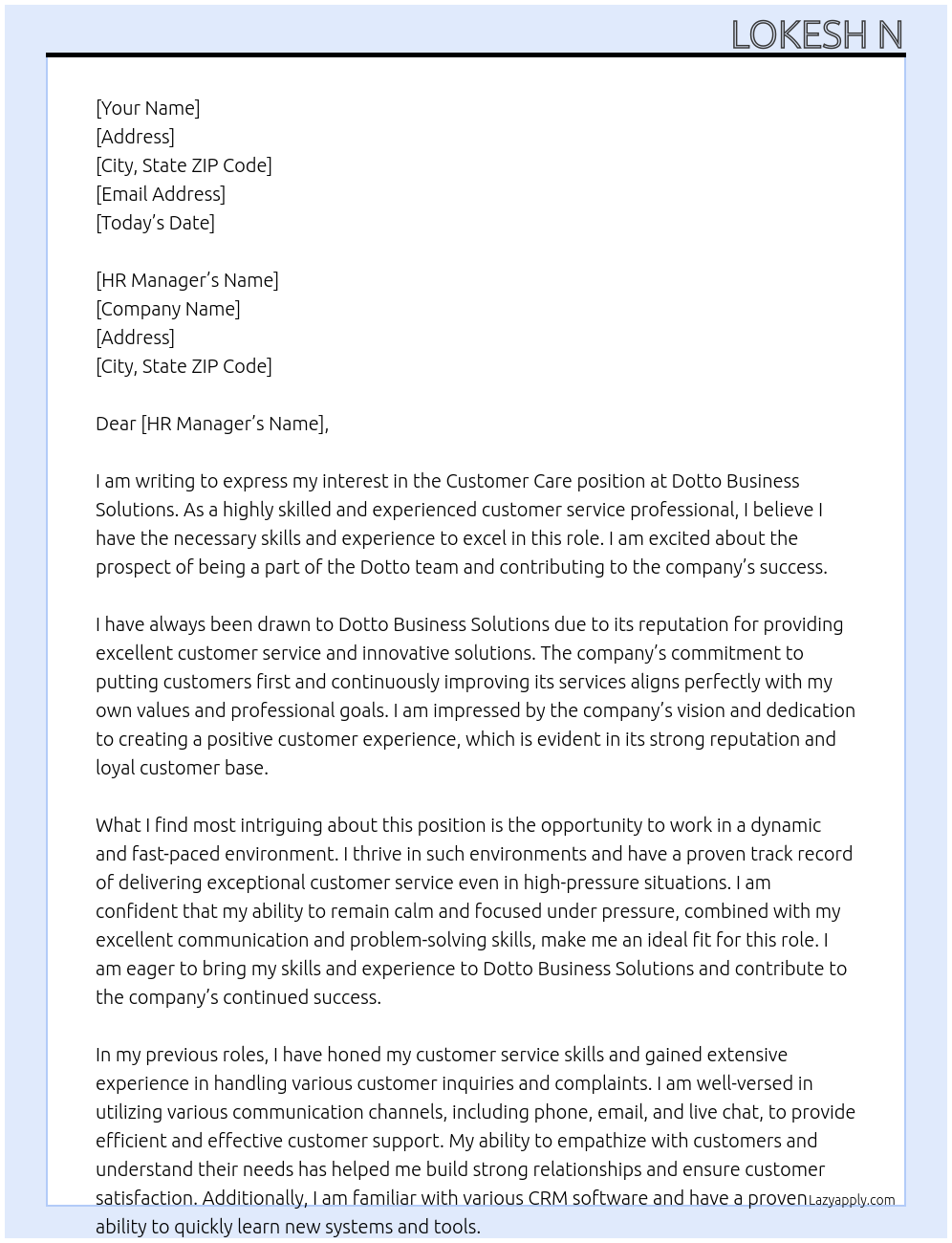 Customer care At Dotto Business Solutions  Cover Letter