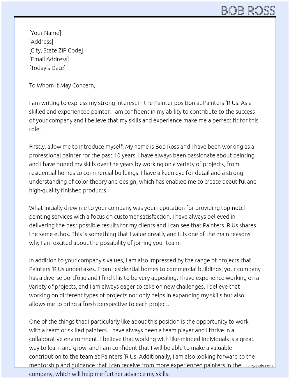 Painter At Painters 'R Us Cover Letter