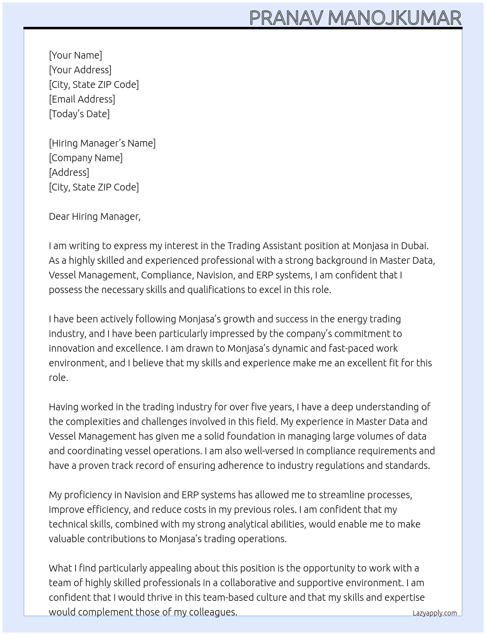 Trading assistant At Monjasa Cover Letter