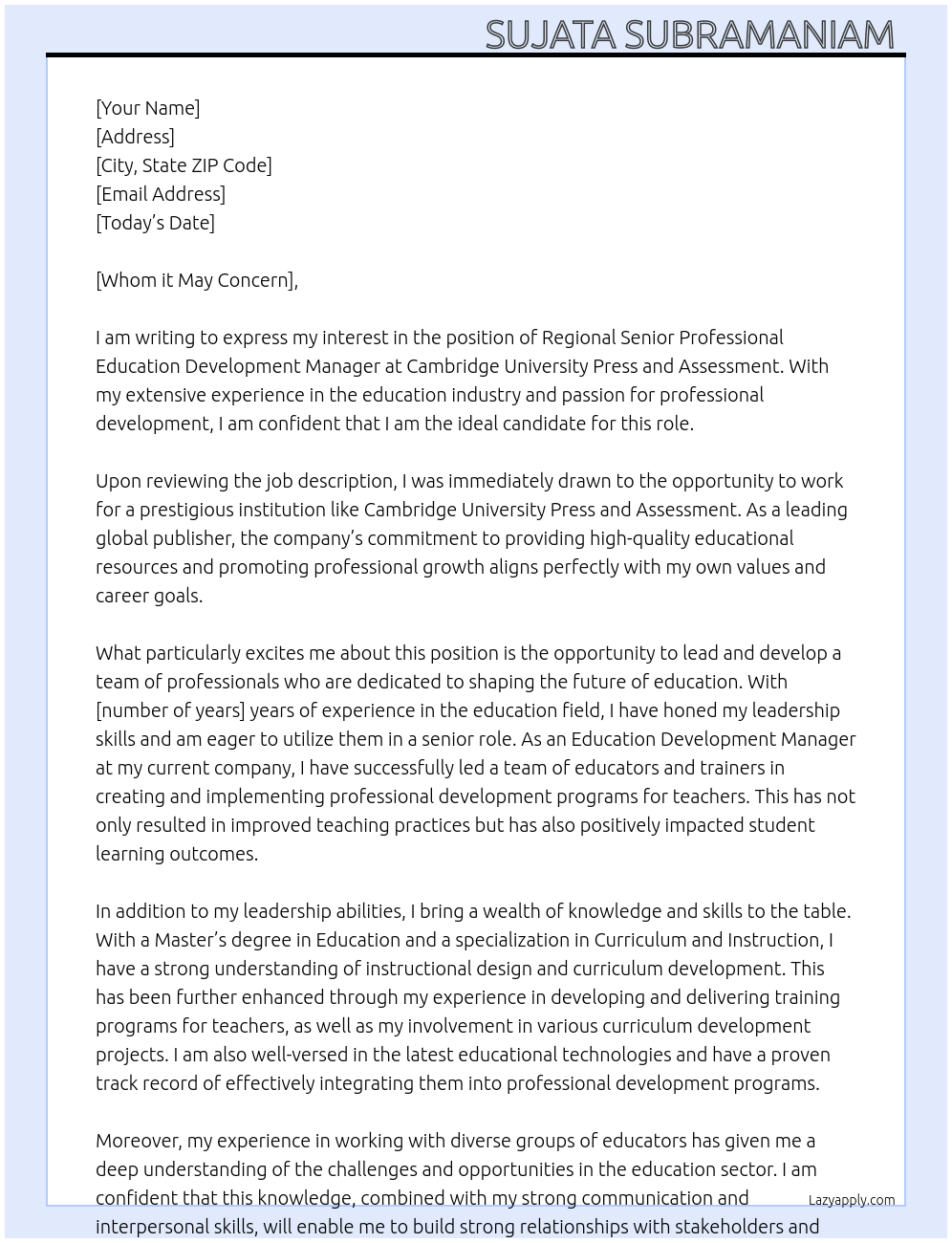 Regional Senior Professional Education Development Manager At Cambridge University Press and Assessment Cover Letter