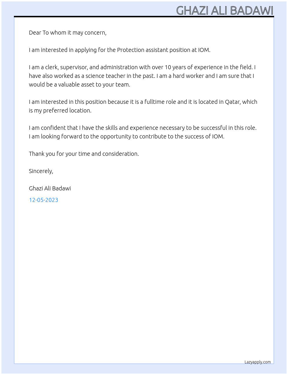 Protection assistant At IOM Cover Letter