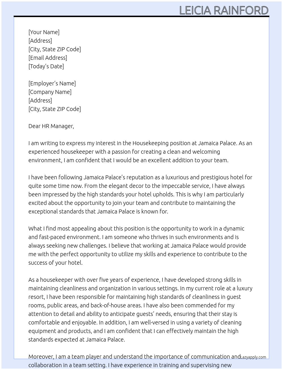 housekeeping At jamaica palace Cover Letter
