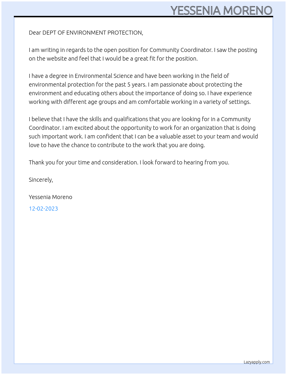 Community Coordinator At DEPT OF ENVIRONMENT PROTECTION Cover Letter