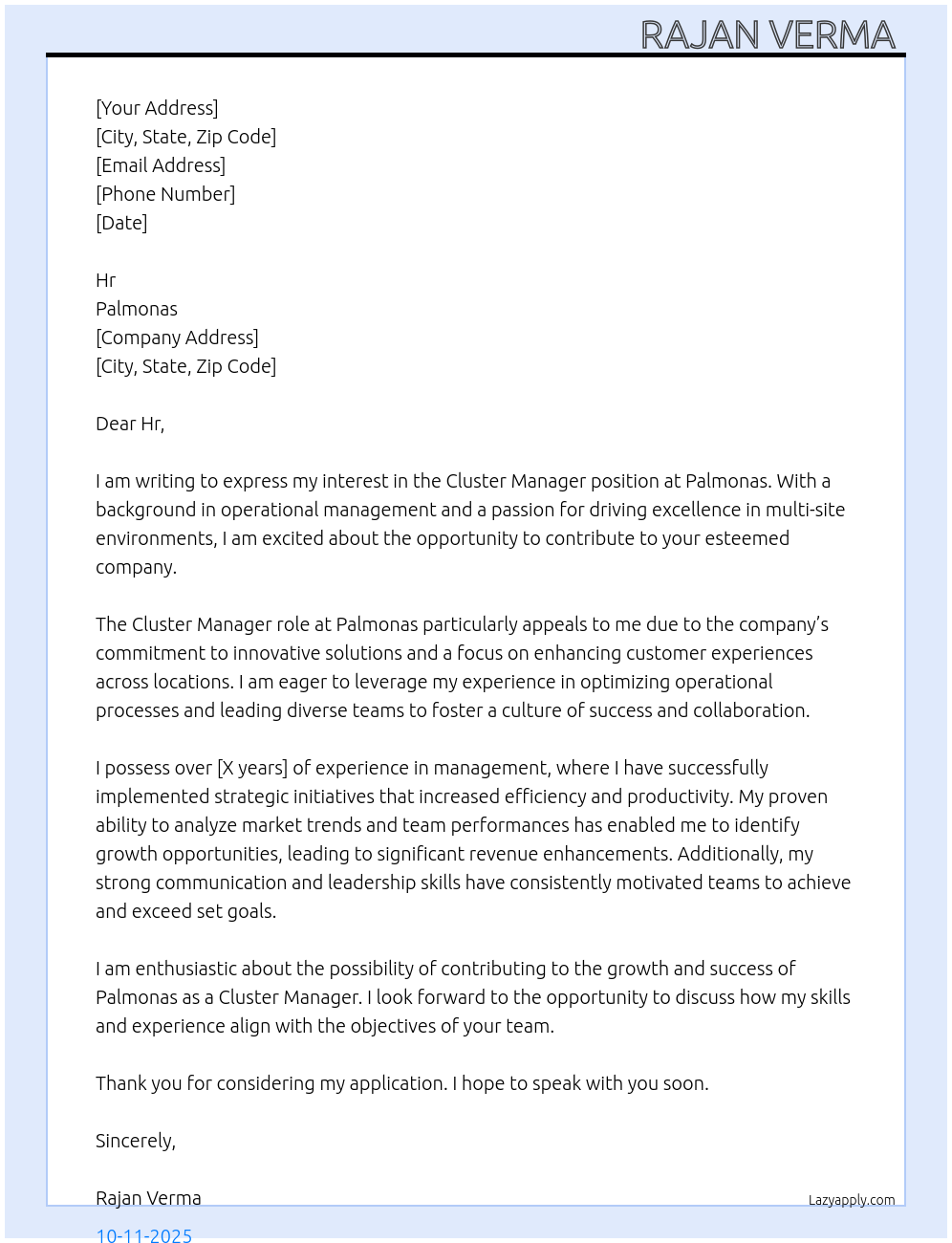 Cover letter for cluster manager - LazyApply