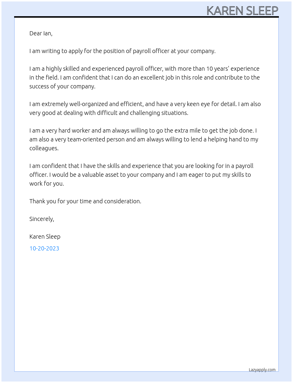 payroll officer At undefined Cover Letter