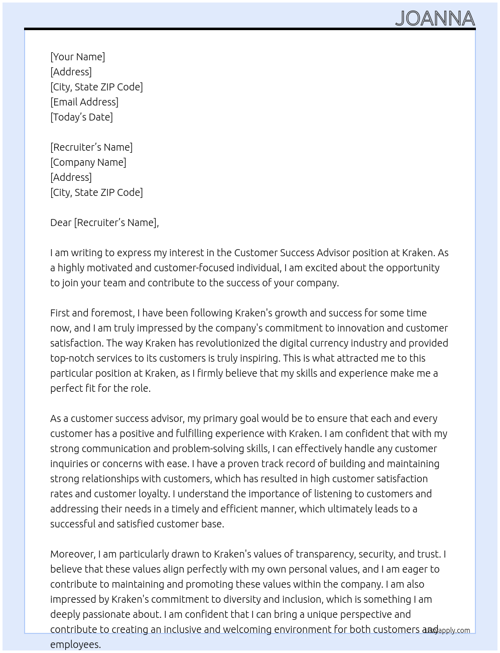 Customer Success advisor At kraken Cover Letter