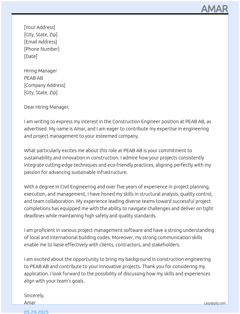 Construction engineer At PEAB AB Cover Letter