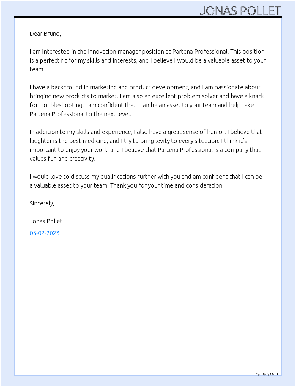 innovation manager At Partena Professional Cover Letter