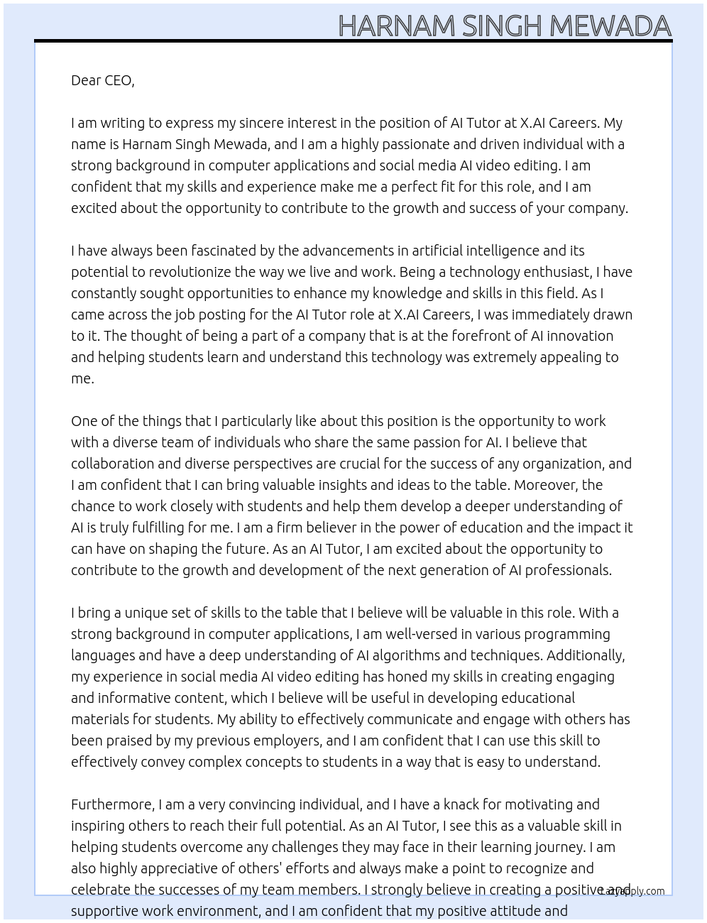 AI Tutor At X.AI Careers Cover Letter