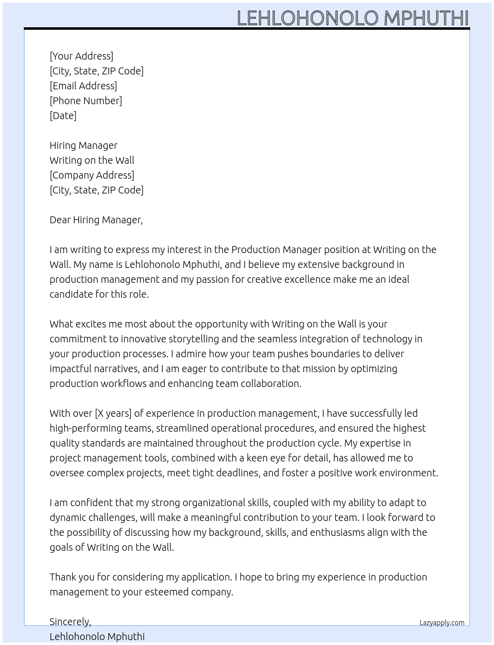 Cover letter for Production Manager - LazyApply